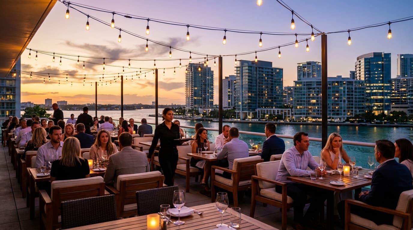Guests dining at a softly-lit restaurant terrace capturing photos and videos