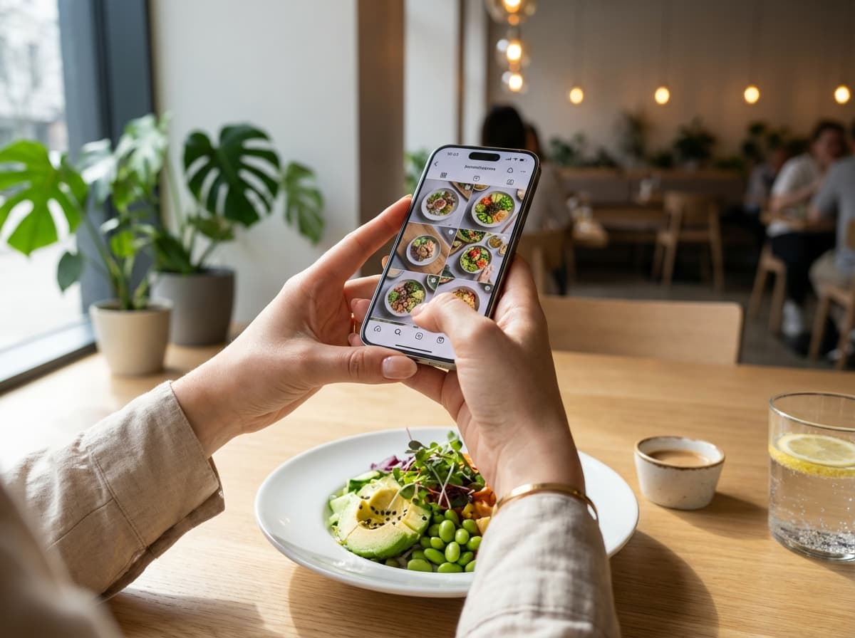 Person scrolling Instagram food photography feed at a restaurant table