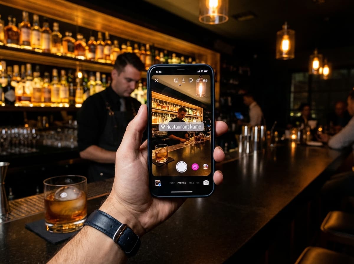 Phone showing Instagram story with restaurant location tag at a moody bar
