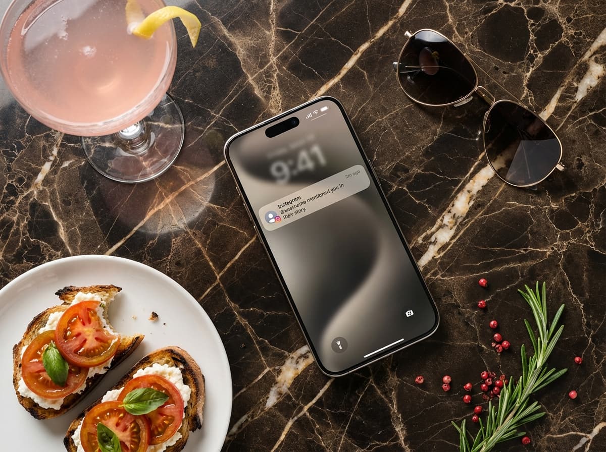 iPhone on dark marble showing Instagram story mention notification beside appetizer plate