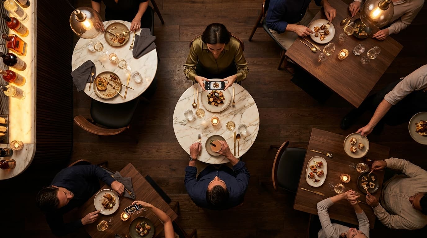 Overhead view of upscale restaurant with guests dining and photographing food